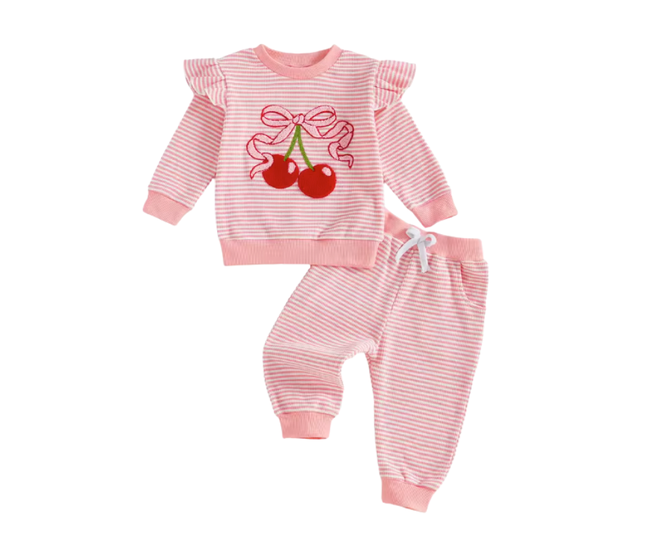 Cherry Embroidered Pink Striped Lounge Set