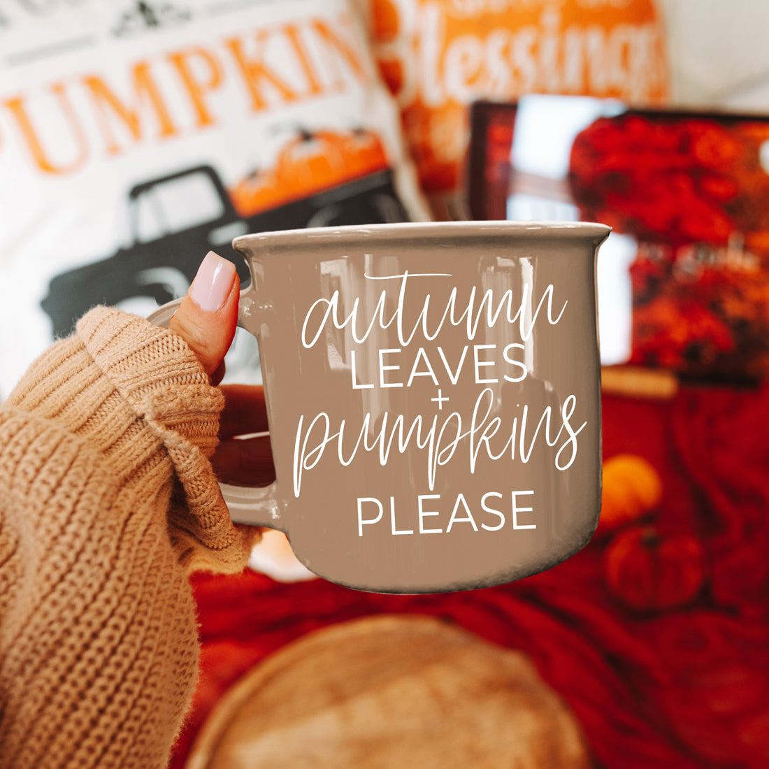 Fall Coffee Mug Autumn Leaves and Pumpkins Design
Autumn Season Coffee Cup Brown Ceramic 14.5oz