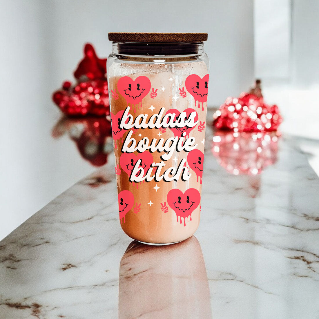 20oz glass tumbler with smiley face candy hearts for a playful Valentineās.
Funny Galentineās Day gift with a modern, retro design for women.