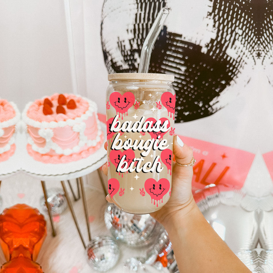 Funny and empowering glass tumbler for your favorite boss woman.
Red smiley face candy hearts 20oz glass cup for a retro vibe.
Valentineās Day gifts for women with a fun, empowering twist.