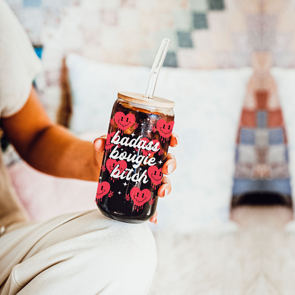 Best friend and sister Valentineās Day gift ideas in bulk.
Funny and empowering 20oz glass cups for retail stores.
Galentineās Day gifts featuring retro candy heart glass cups.