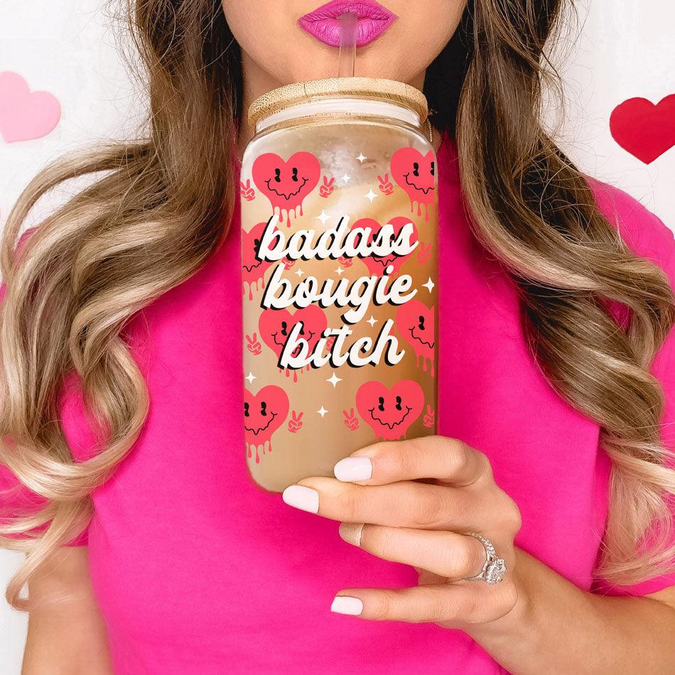 Trendy glass cups for stylish Galentineās Day gifts.
Empowering 20oz glass tumblers for wholesale womenās Valentineās Day gifts.