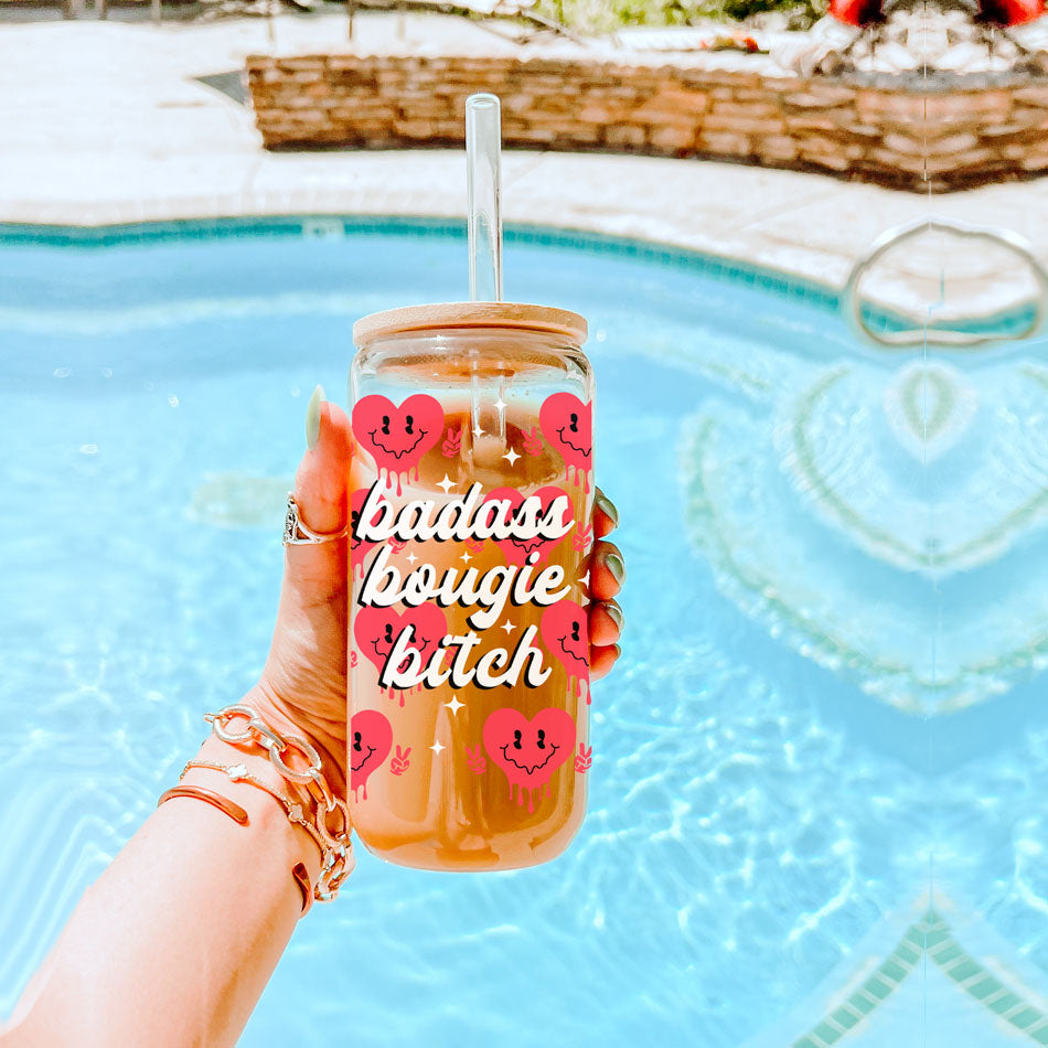 Glass tumblers with smiley face candy hearts for playful gifts.
Funny and sassy Galentineās Day gifts for modern women.
Retro 20oz glass cups with inspirational messages for empowering gifts.