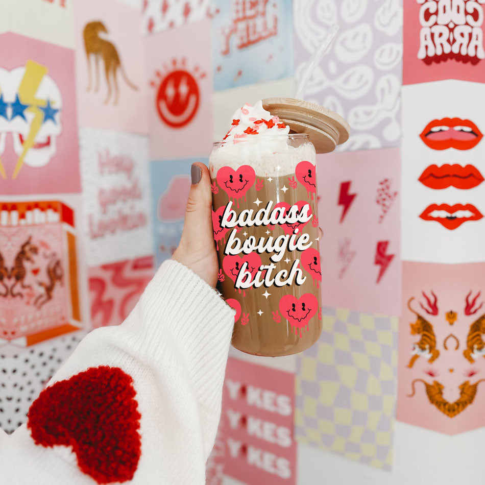 Funny and empowering wholesale glass tumblers for boss women.
Wholesale 20oz glass cups with retro candy heart designs for Galentine's.
Bold and unique wholesale Valentineās Day gifts for women of all kinds.