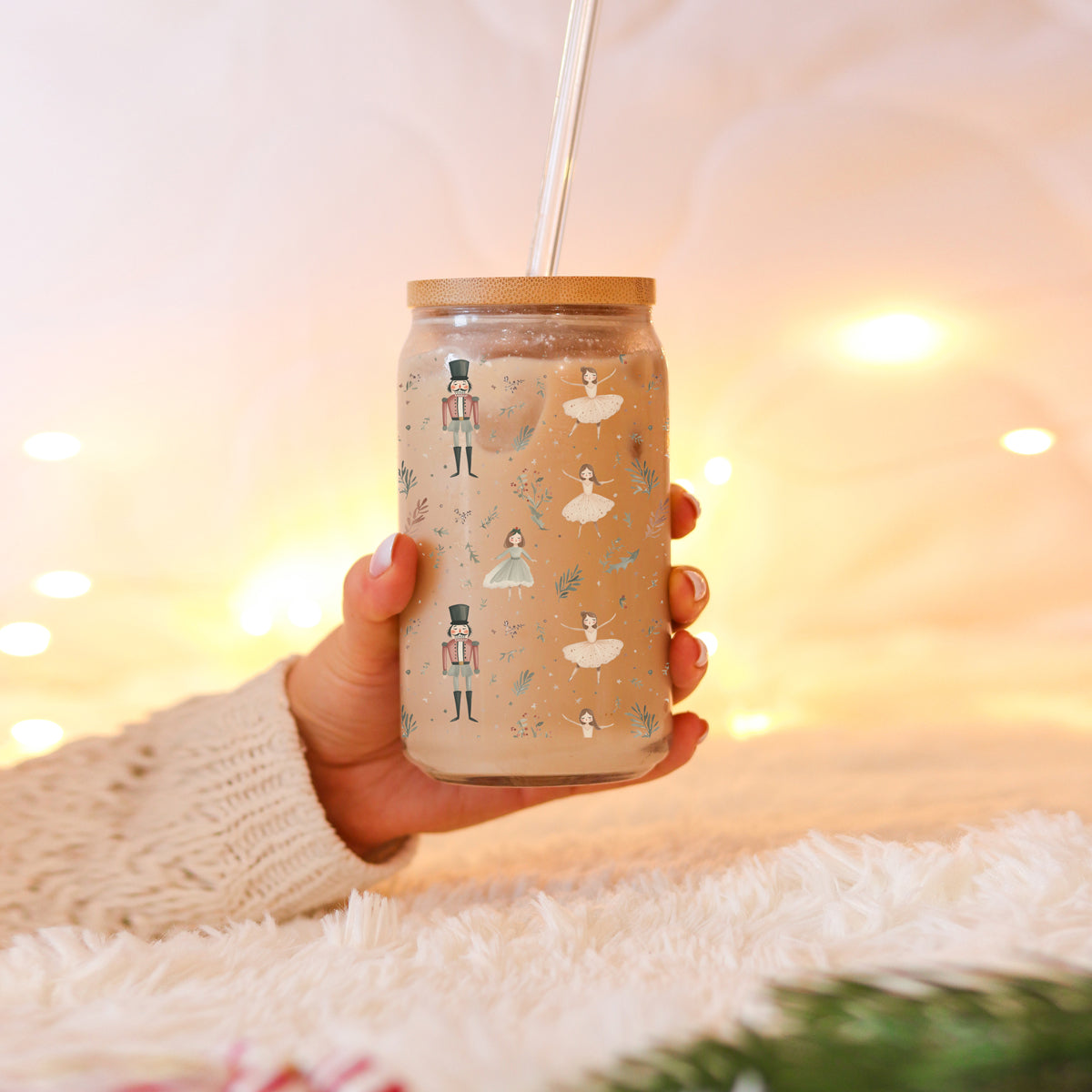 Dance Christmas glass cup 17oz - Pastel nutcracker ballerina holiday tumbler bamboo lid glass straw - Ballet festive gift