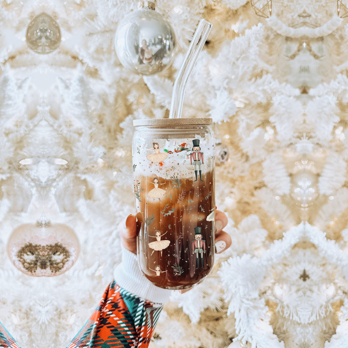 Christmas hostess gifts glass tumbler 17oz - Nutcracker ballerina pastel holiday coffee cup bamboo lid - Soft drinkware
