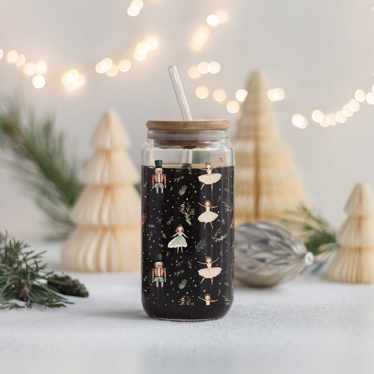Christmas kitchen gift - pastel Nutcracker soldiers and ballerinas tumbler cup
Nutcracker ballet tumbler - festive pastel glass cup with bamboo lid
