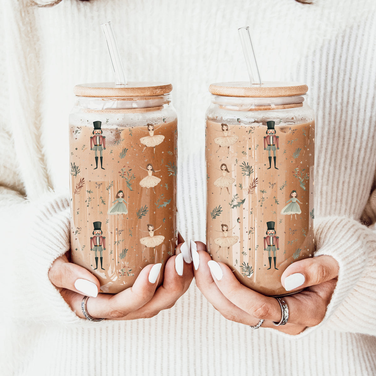 Unique Christmas glass tumbler - ballet dancer and Nutcracker pastel holiday design
Sparkly Christmas coffee mug ā light neutral holiday colors Nutcracker drinkware