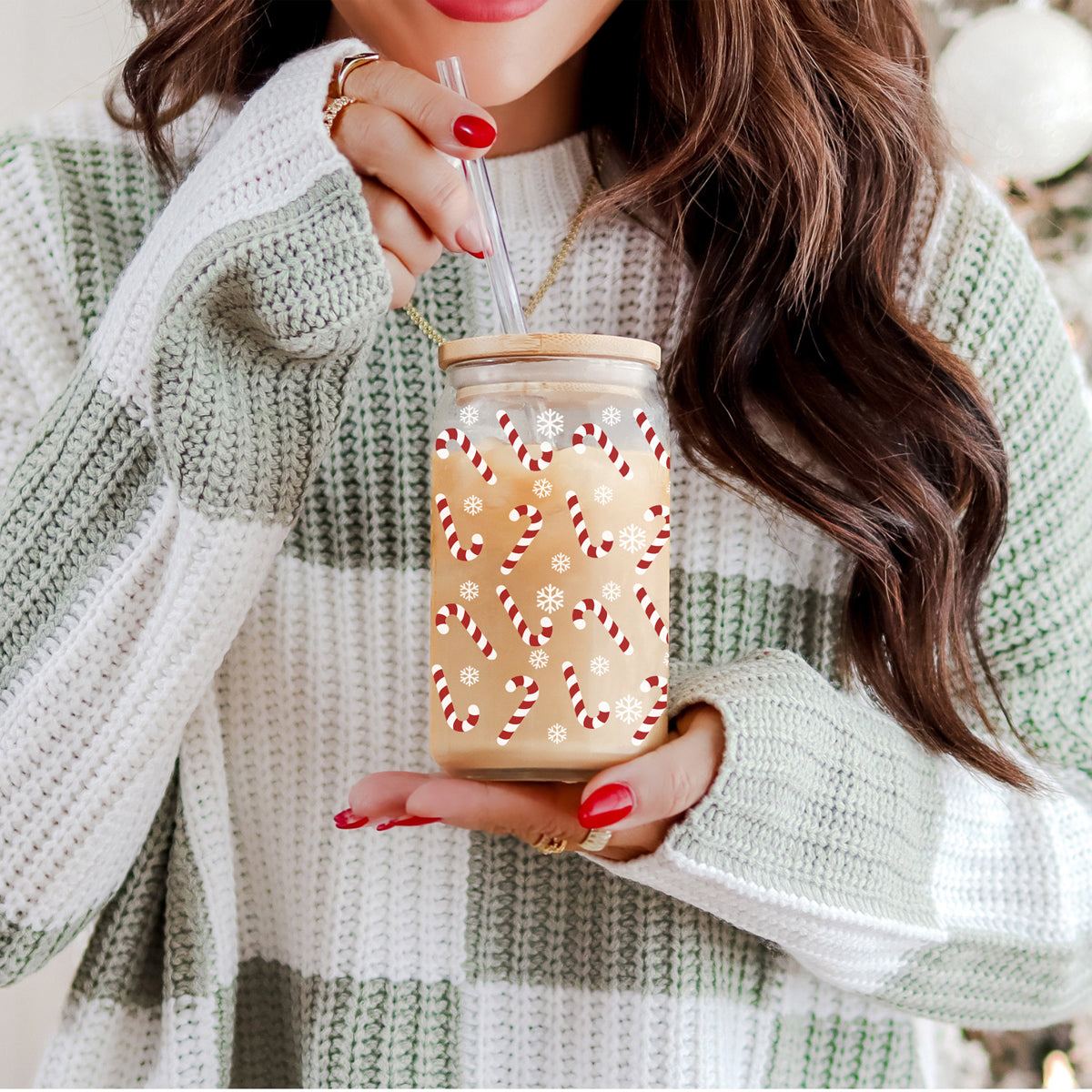 Christmas tumbler with bamboo lid - candy cane and snowflake holiday cup
Unique holiday gift for coffee lovers - glass cup with bamboo lid and straw