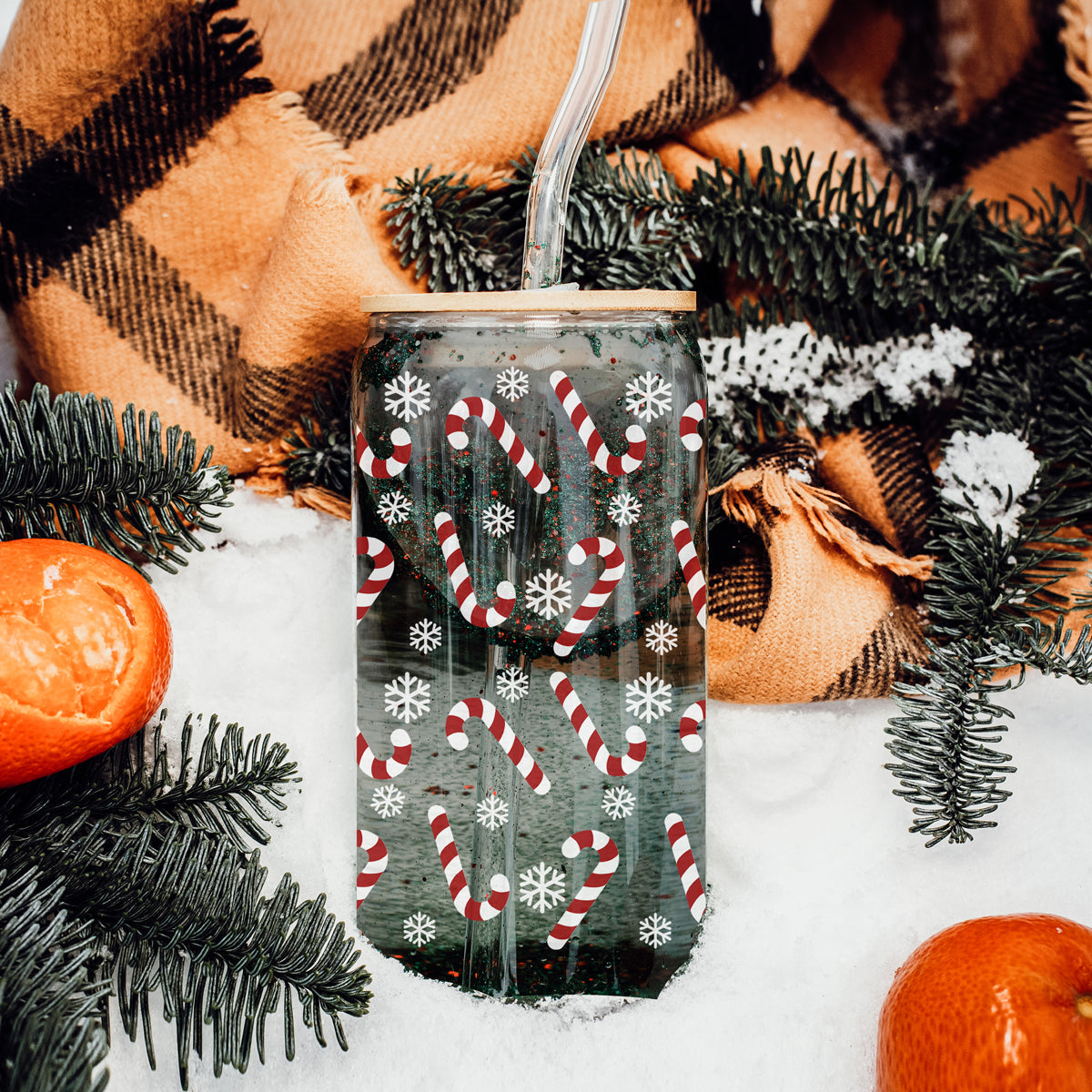 Christmas kitchen decor drinkware - candy cane and snowflake tumbler cup
Eco-friendly Christmas tumbler - 17oz glass cup with bamboo lid and straw