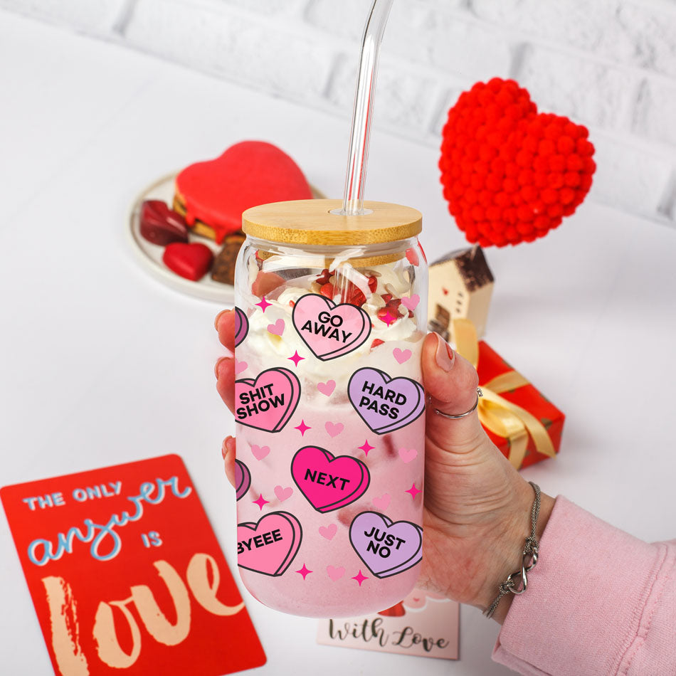 Funny and playful candy heart home decor items.
Valentines Day Glass Cups 20oz.
Valentines Day Mug with Lid and straw.
sarcastic candy heart gift ideas
funny candy heart sarcasm for Valentine’s