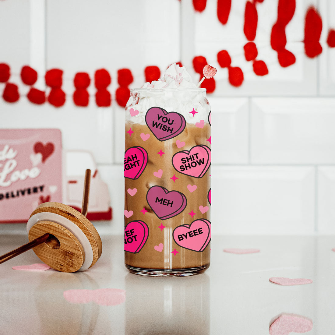 Hilarious Valentine’s coffee mug for a good laugh.
Candy heart glass cup with funny sayings.
Sarcastic candy hearts glass tumbler for bold humor.