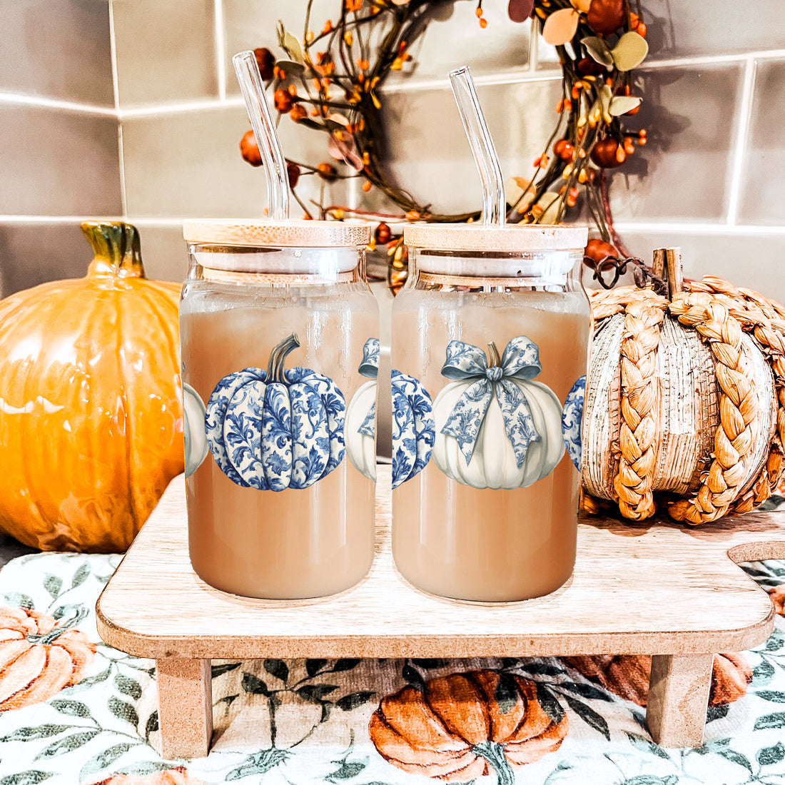 elegant fall drink vessel
designer autumn collection
blue pattern coffee tumbler
sophisticated pumpkin decor