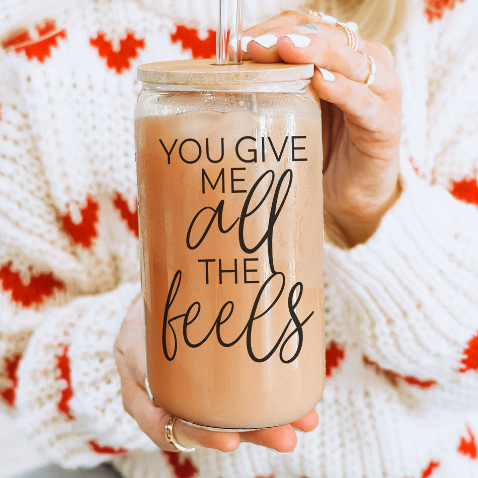 You give me all the feels coffee cup with wood lid and straws. Funny valentines day gifts for her or him.
Funny glass cups 20oz.