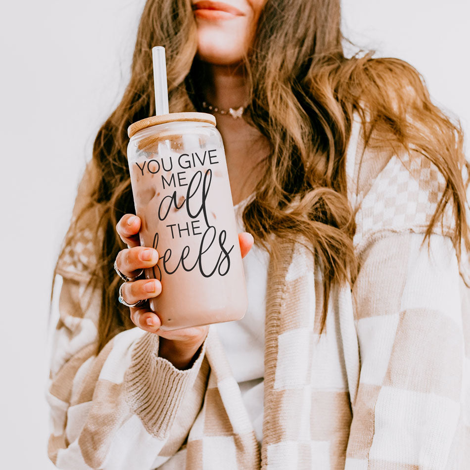 Cute Galentineās Day gift, 20oz glass cup with bamboo lid, "You Give Me All the Feels."
"You Give Me All the Feels" glass cup, bamboo lid, 20oz Valentineās gift.
Funny "You Give Me All the Feels" glass cup, bamboo lid for V-Day.
