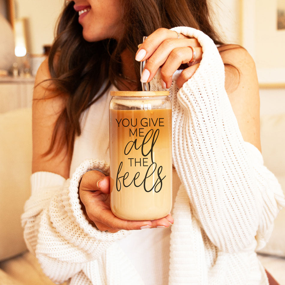 Funny Valentine's gift for husband, 20oz glass cup, You Give Me All the Feels.
You Give Me All the Feels 20oz glass cup with bamboo lid, funny gift for him.
Valentineās Day gift for men, 20oz You Give Me All the Feels glass cup, bamboo lid.