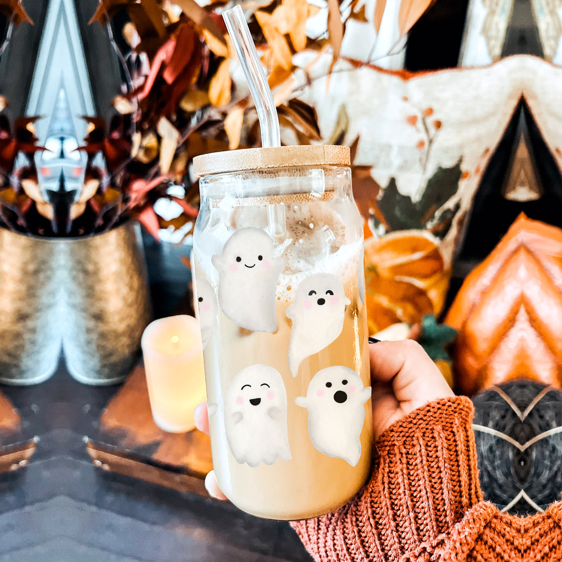 ghost lover present set
halloween mom gift tumbler
fall entertaining glass set
spooky home accent piece
ghost decorative tumbler
halloween style drink set