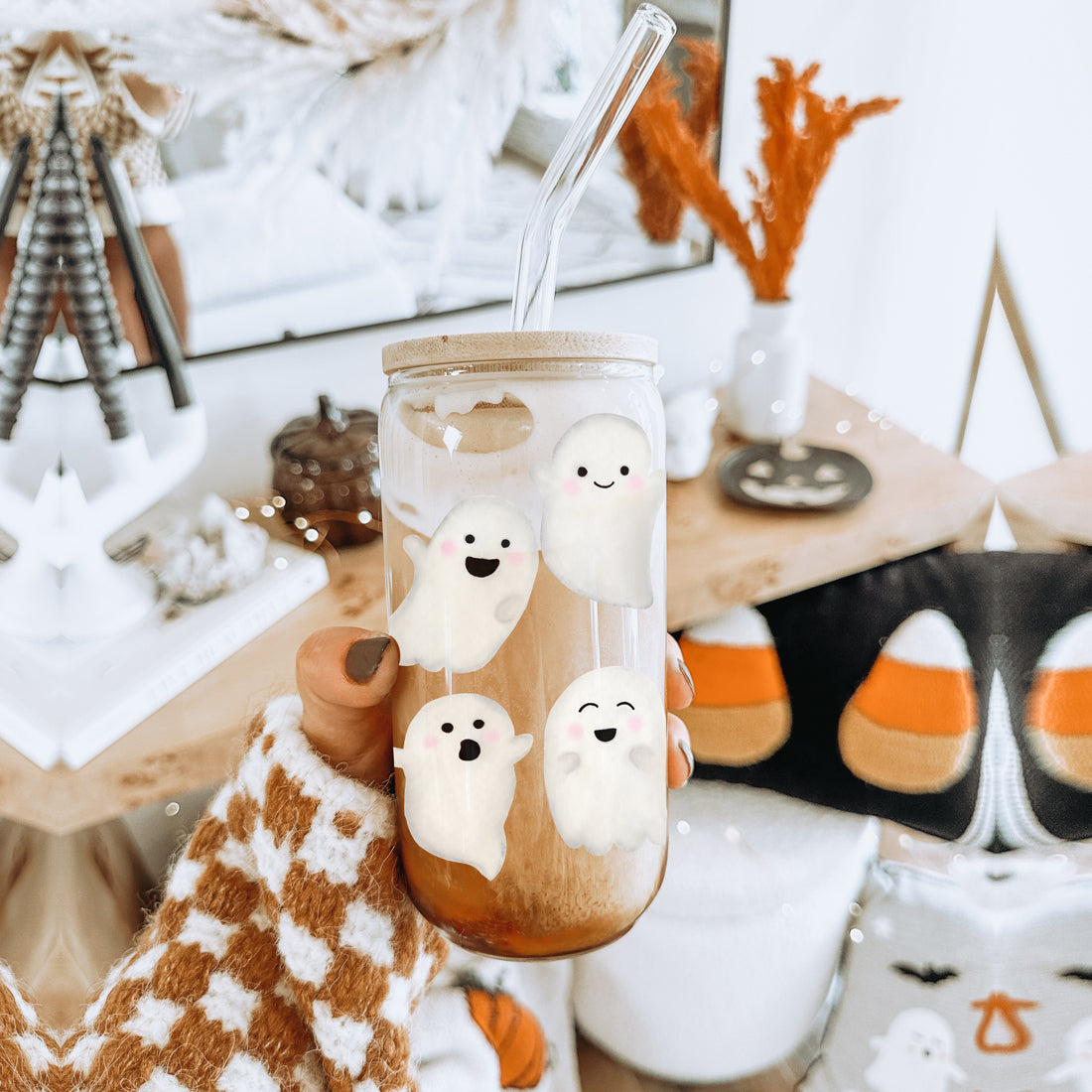 ghost coffee bar tumbler
halloween coffee station glass
fall coffee corner display