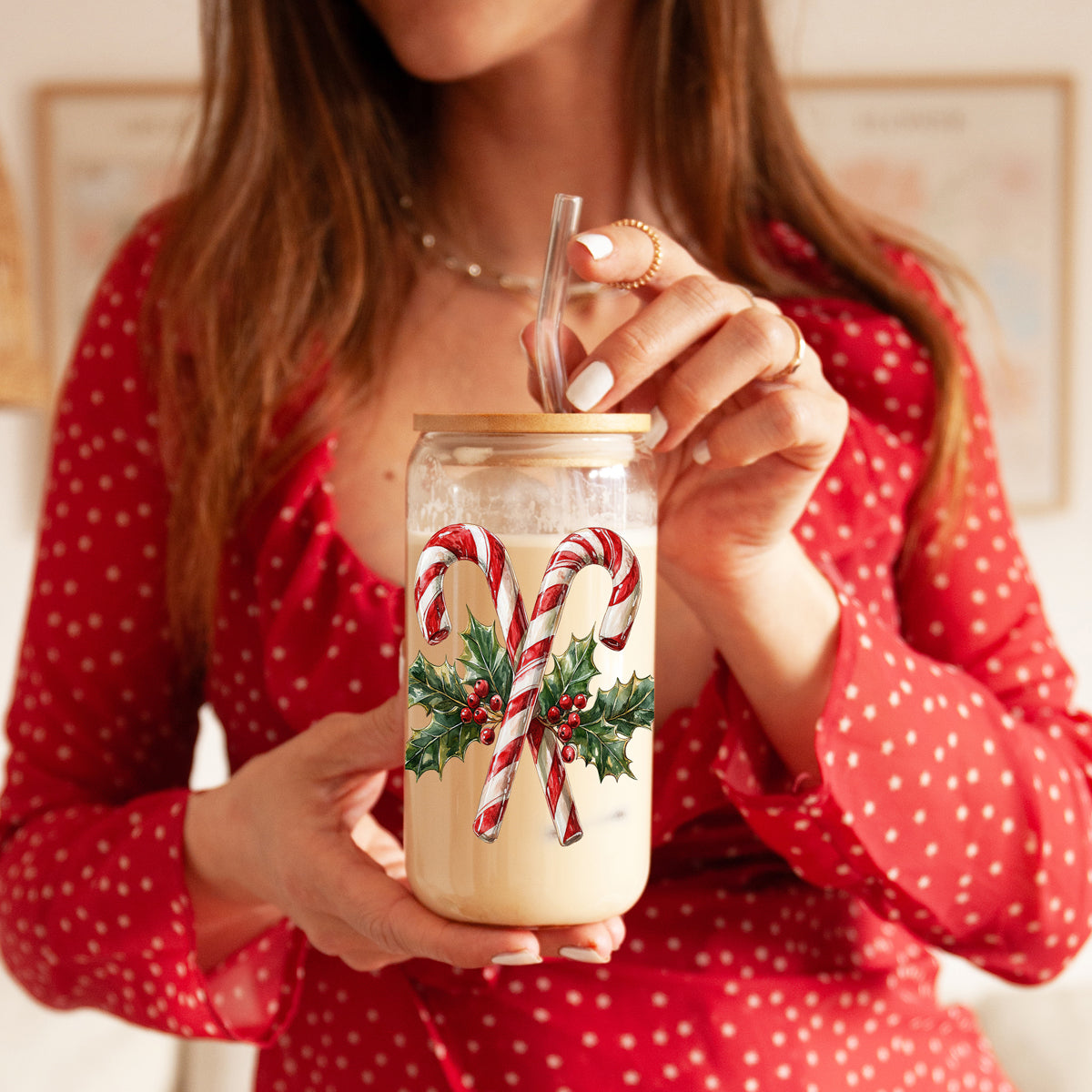 17oz Christmas glass tumbler - Candy cane holly holiday coffee cup with bamboo lid straw - Festive kitchen gift
Christmas coffee tumbler – festive candy cane and holly wreath glass cup