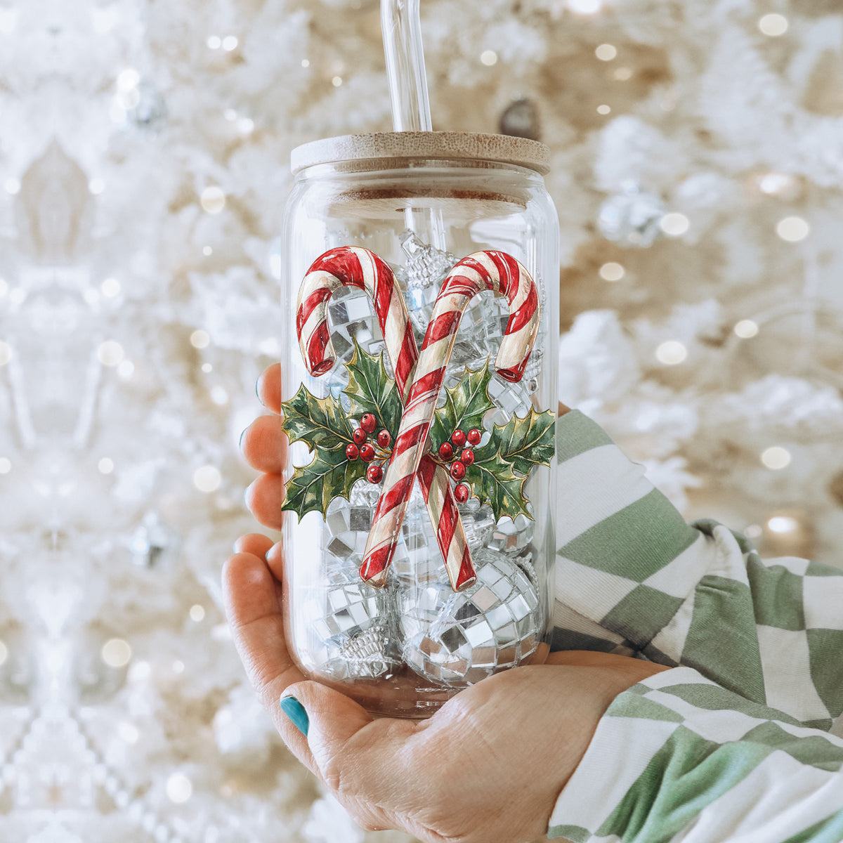 Christmas hostess gifts glass tumbler 17oz - Candy cane holly holiday coffee cup bamboo lid - Traditional drinkware
17oz Christmas coffee tumbler glass - Candy cane holly holiday kitchen gifts bamboo lid straw - Traditional design