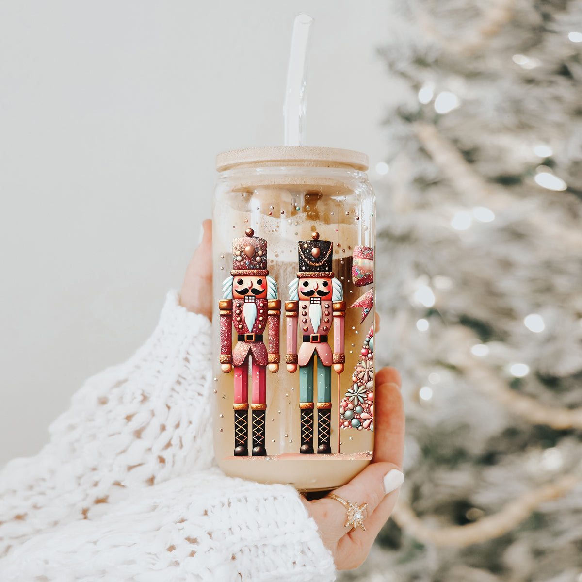 Christmas boho style glass cup 17oz glass straw - Nutcracker floral holiday tumbler bamboo lid - Pink teal festive gift