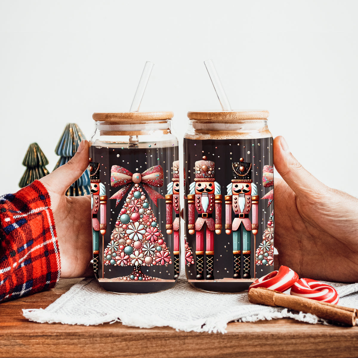 Instagram worthy Christmas glass cup 17oz - Boho nutcracker floral holiday tumbler bamboo lid glass straw pink teal