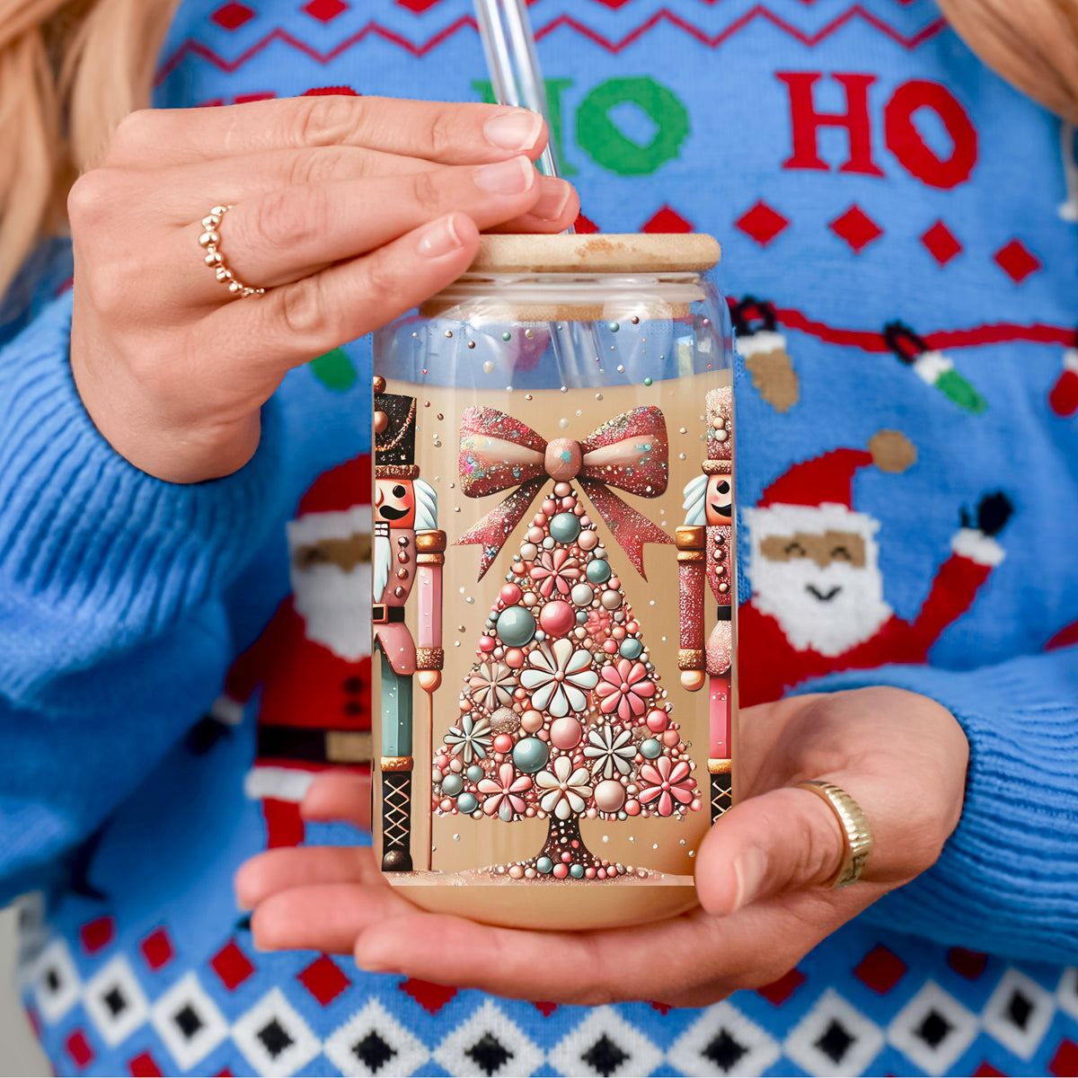 Holiday drinkware gifts glass cup 17oz - Christmas nutcracker boho floral coffee tumbler bamboo lid - Pink teal accessories