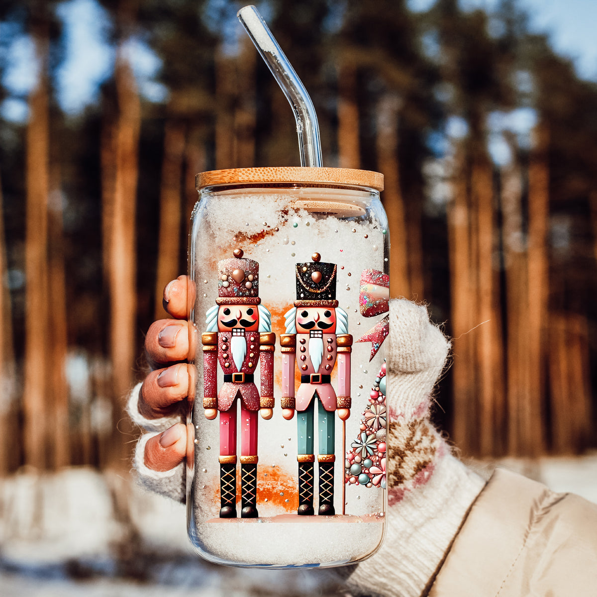 Nutcracker holiday coffee cup ā Christmas glass tumbler with bow-adorned tree
Christmas coffee bar accessory ā boho floral Nutcracker design glass cup
Holiday kitchen gift ā festive glass tumbler with Nutcracker soldiers and tree