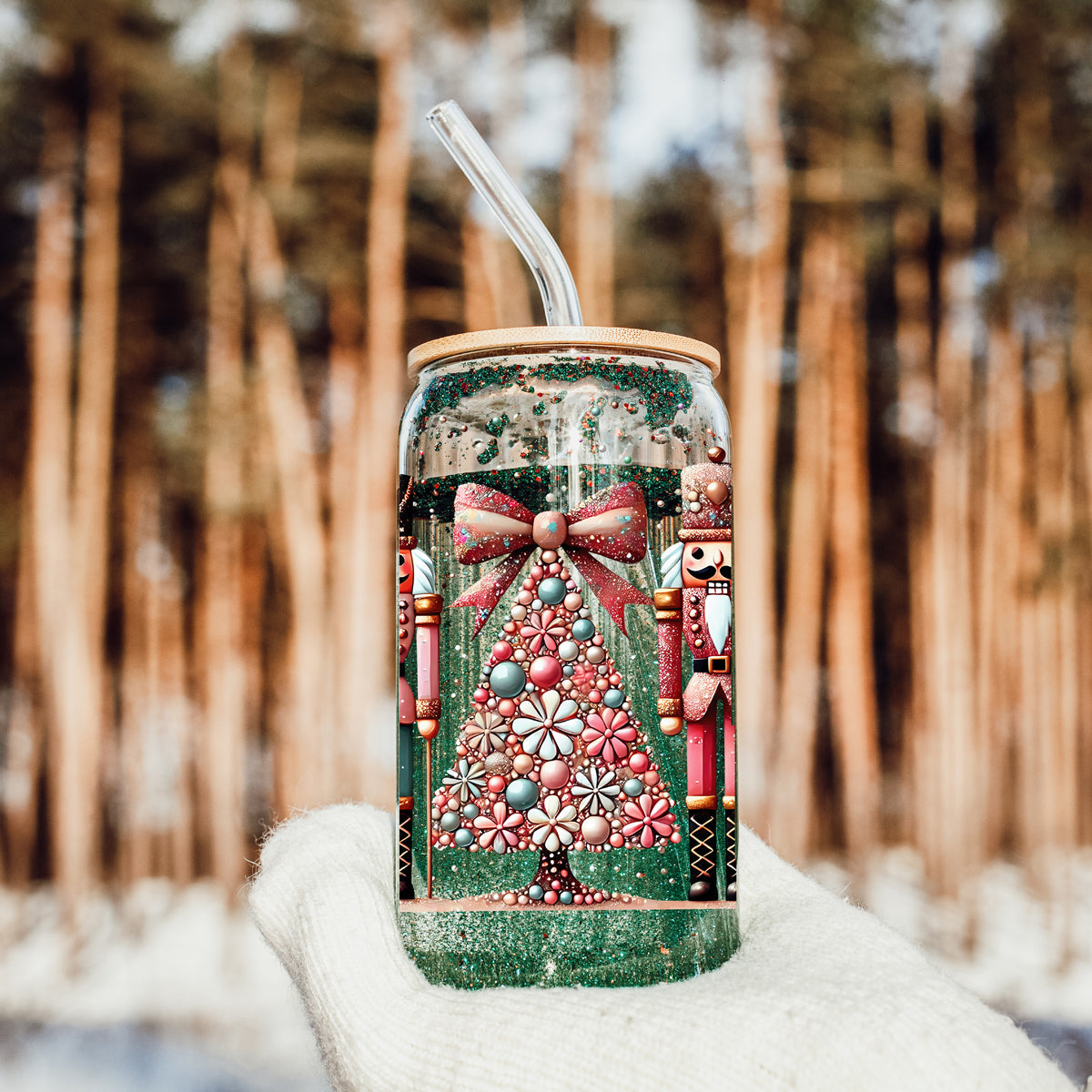 Holiday coffee mug ā glass cup with Christmas tree and bow on top
Unique Christmas coffee cup ā Nutcracker soldier glass tumbler with boho floral wrap
Boho Christmas glass tumbler ā pink, teal, gold, and glitter festive drinkware