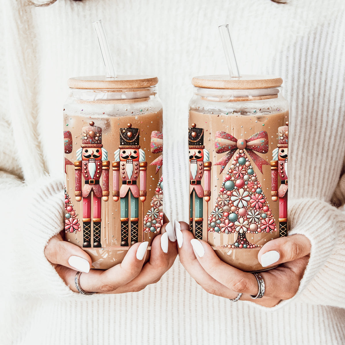 Unique Christmas coffee cup ā boho glass tumbler with pink, teal, gold, and glitter
Nutcracker holiday coffee mug ā festive glass cup for kitchen or coffee bar decor