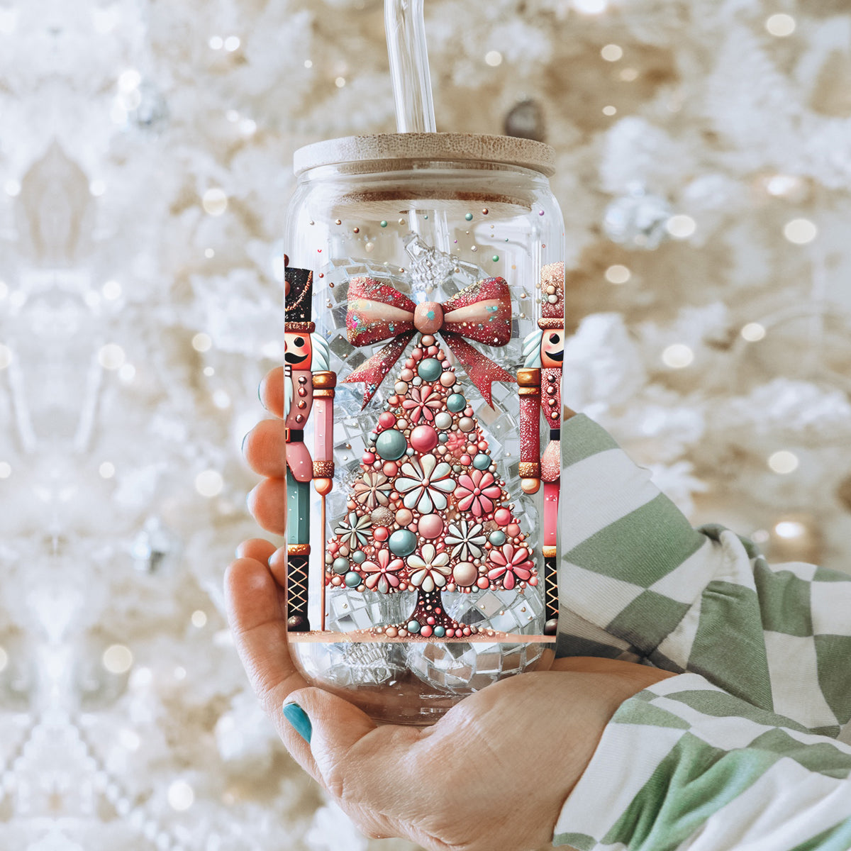 Nutcracker soldiers boho floral tumbler bamboo lid glass straw - Holiday decor
17oz Christmas glass tumbler - Boho nutcracker holiday coffee cup with bamboo lid straw - Pink teal festive kitchen gift