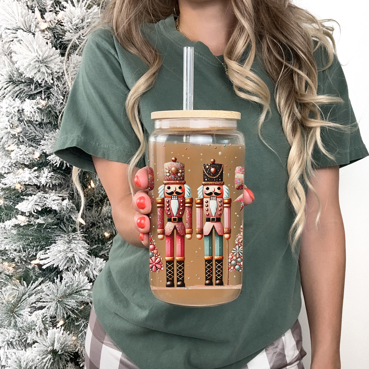 Christmas glass drinkware 17oz - Boho nutcracker floral holiday cup with glass straw - Pink teal glitter kitchen gift
Festive holiday tumbler with bamboo lid - Merry glass cup with coquette bows