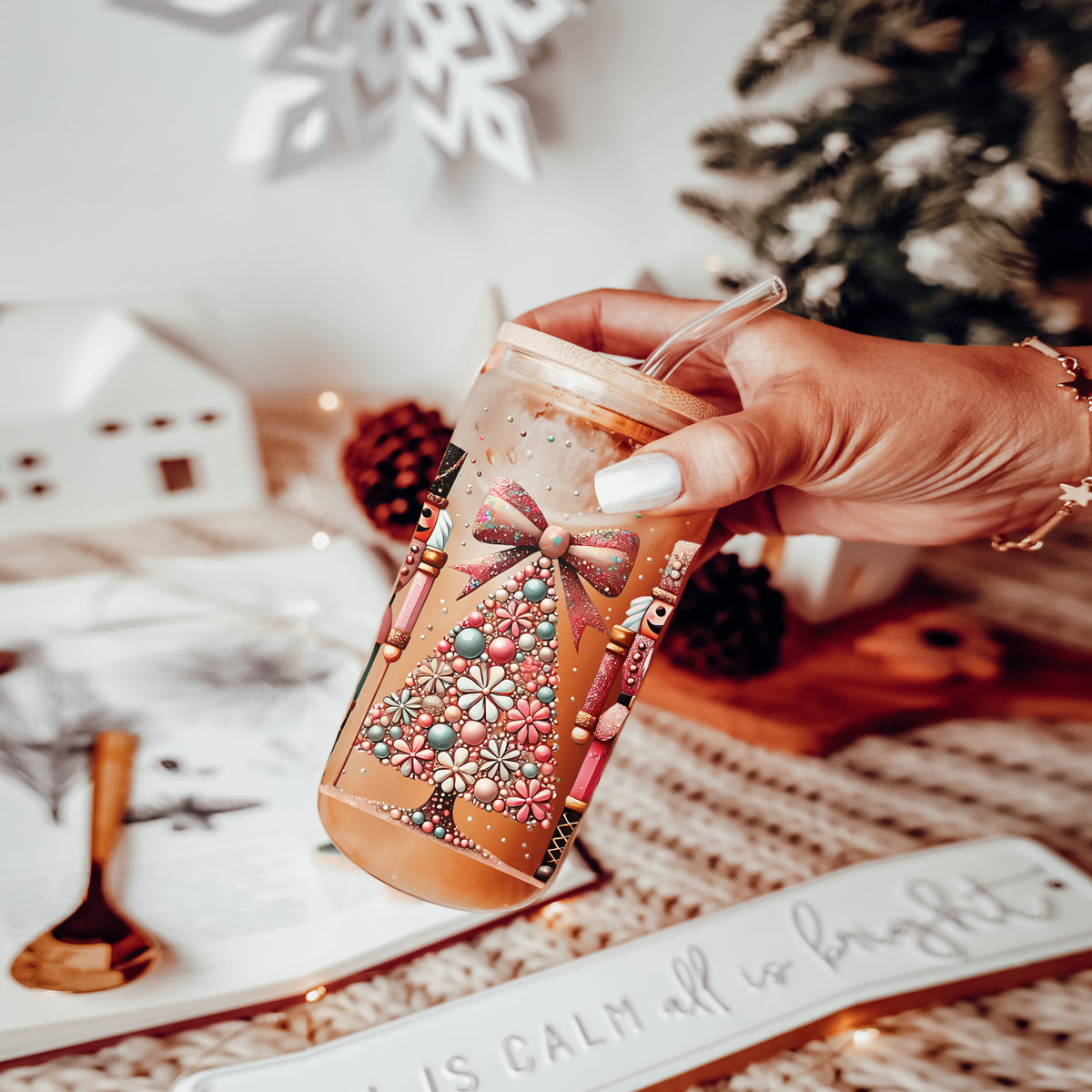 Christmas gifts for women glass tumbler 17oz - Nutcracker boho floral holiday drinkware bamboo lid glass straw pink teal