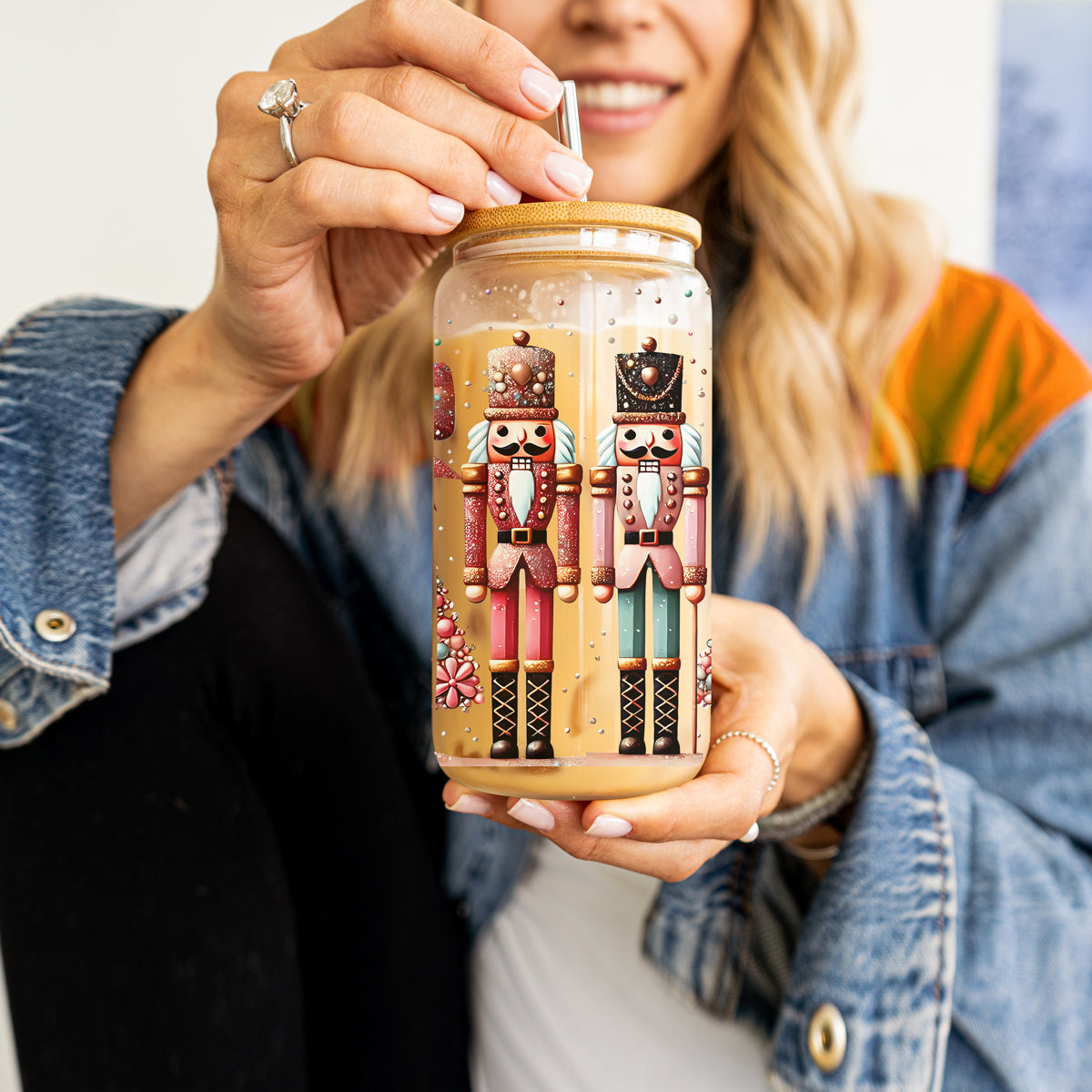 Unique Christmas tumbler gift - colorful sequin bow glass with lid and straw
Christmas coffee tumbler - pastel Nutcracker soldiers and Christmas tree glass cup
Eco-friendly Christmas drinkware - Nutcracker tumbler with bamboo lid and straw