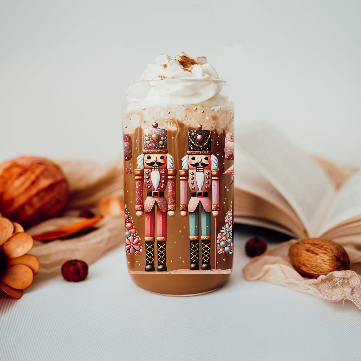 Aesthetic Christmas drinkware nutcracker boho glass tumbler 17oz - Holiday floral pink teal coffee cup bamboo lid
Holiday drinkware - reusable glitter tumbler with Merry and bows design