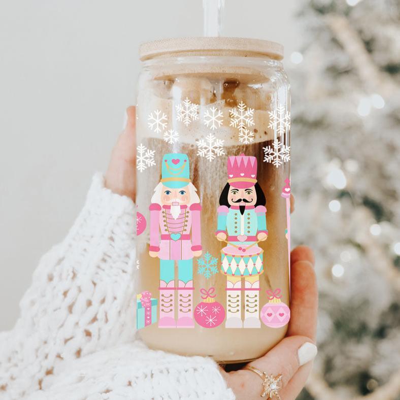 Christmas Glass cup with straw and bamboo lid