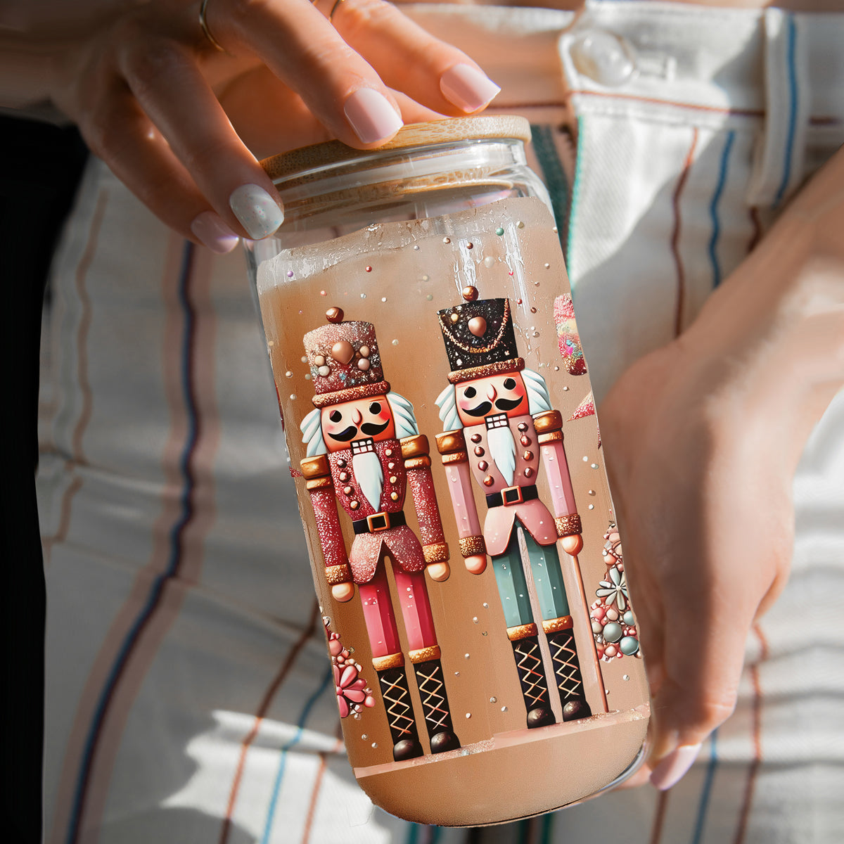 Holiday kitchen decor - Nutcracker tumbler with glitter pink and teal accents
Boho holiday tumbler - Christmas glass with Nutcracker soldiers and pastel tree