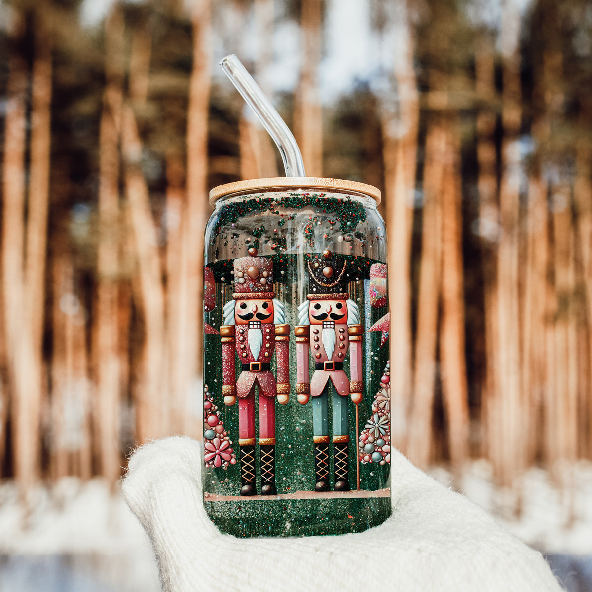 Coffee bar essential ā boho Nutcracker Christmas glass cup with tree and glitter
Festive drinkware gift ā pink, teal, gold Christmas glass tumbler with Nutcracker soldiers