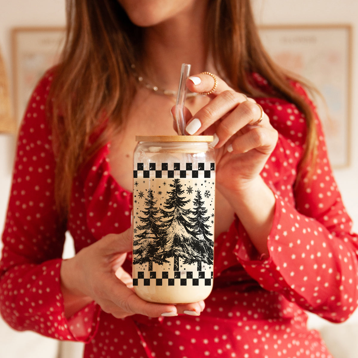 Vintage Christmas coffee cup 17oz glass straw - Retro tree holiday tumbler bamboo lid - Checkered festive gift
Checkered Christmas glass cup 17oz - Retro vintage tree holiday tumbler bamboo lid glass straw - Festive coffee gift