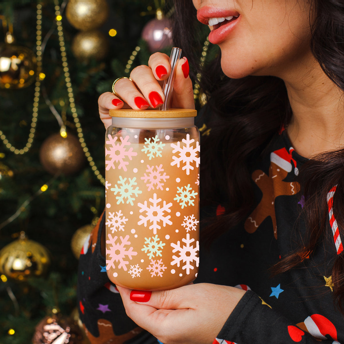 Unique Christmas gifts pastel pink mint snowflake glass cup 17oz - Holiday coffee tumbler bamboo lid straw
pastel snowflake Christmas glass cup for kitchen or coffee bar