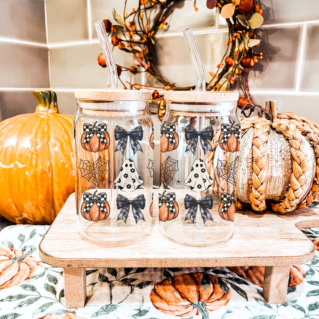 black bow drink glass set
designer halloween drinkware
spiderweb pattern tumbler