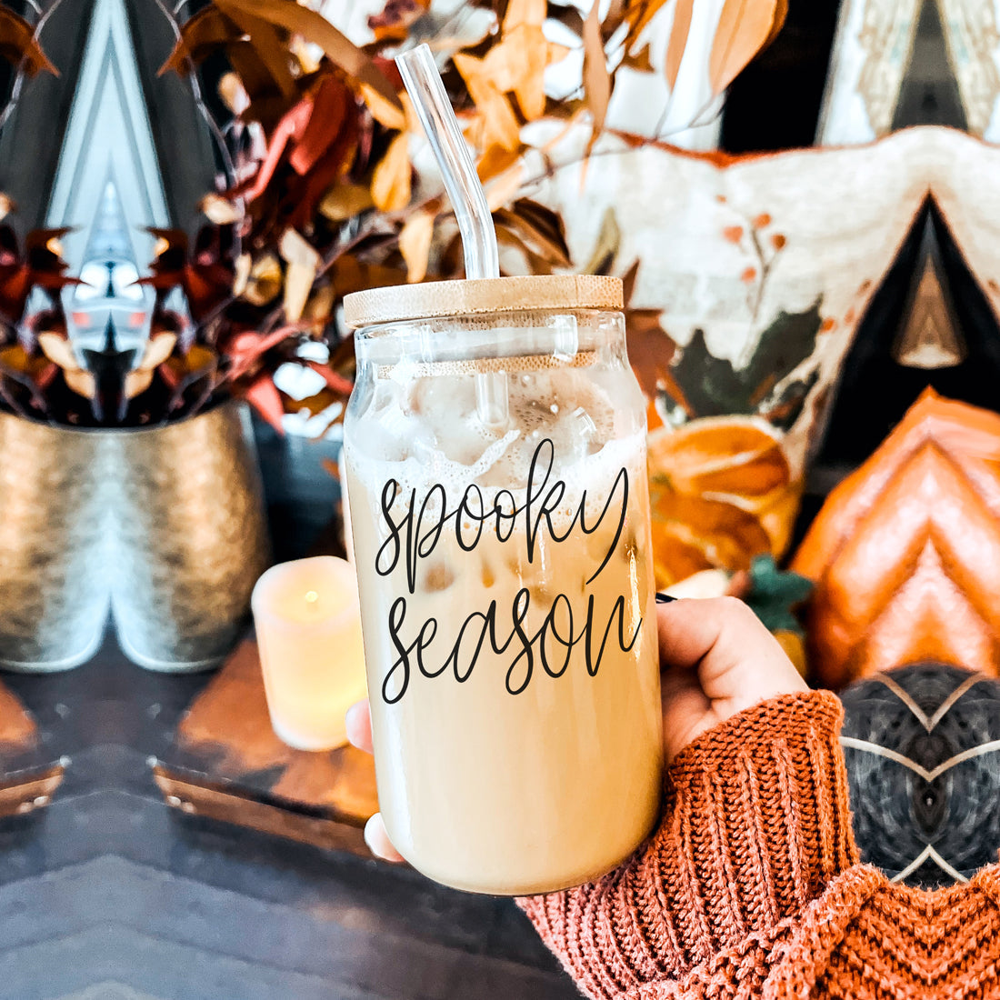 Halloween mom coffee station essential
Boo crew glass tumbler with bamboo top