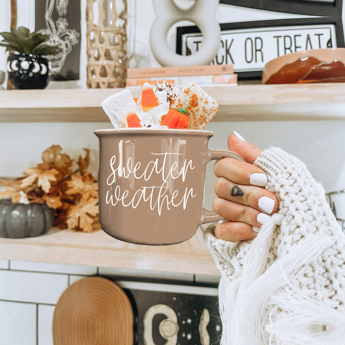 Cozy Fall Coffee Mug Brown with White Sweater Weather Quote
Fall Coffee Mug Brown Ceramic Sweater Weather Quote