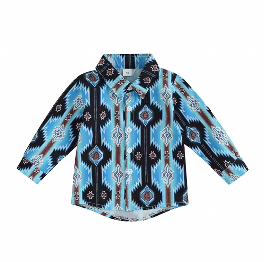 Blue Brown Western Print Button Up