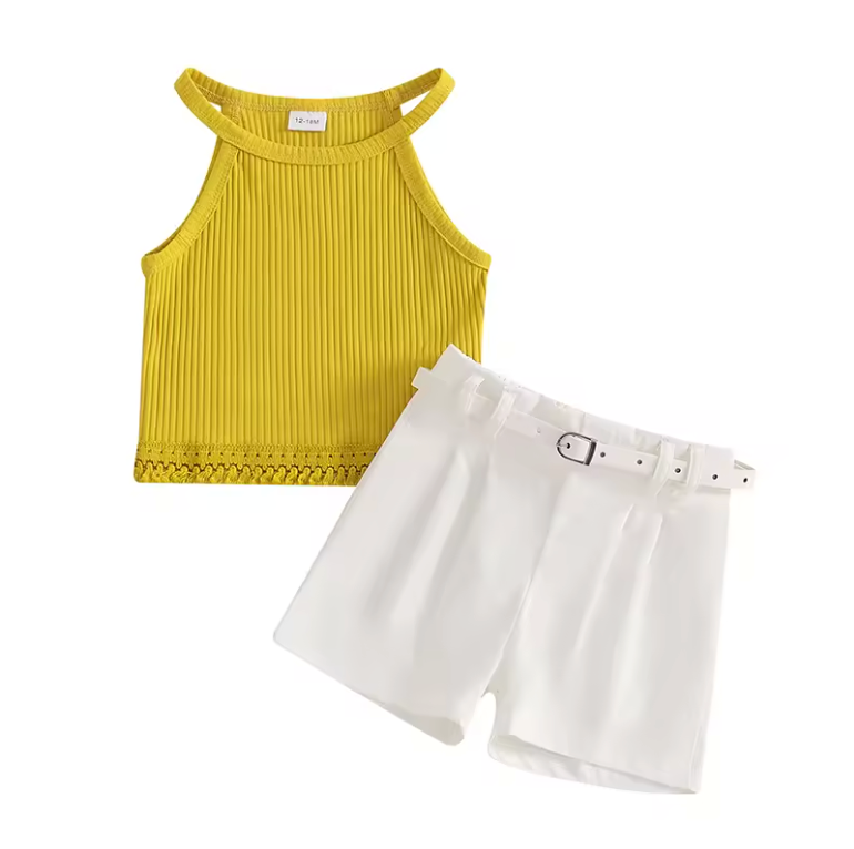 Yellow Tank White Belted Short Set