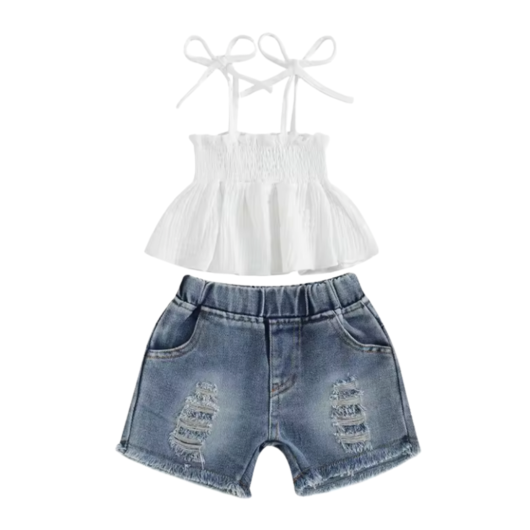 White Tied Sleeve Distressed Denim Short Set