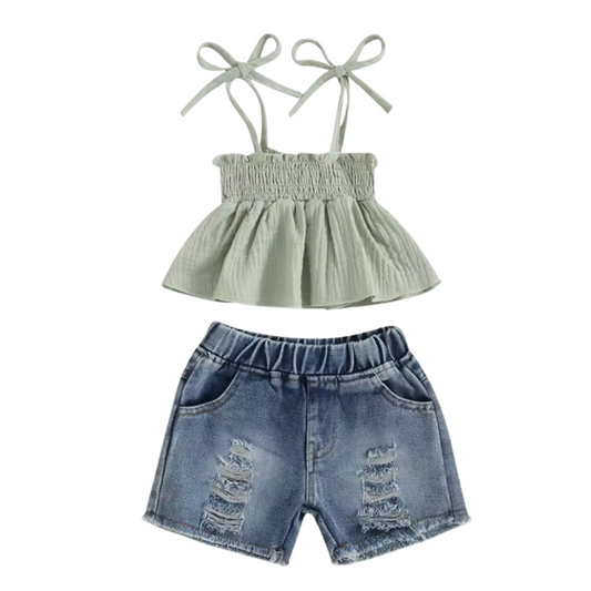 Sage Tied Sleeve Distressed Denim Short Set