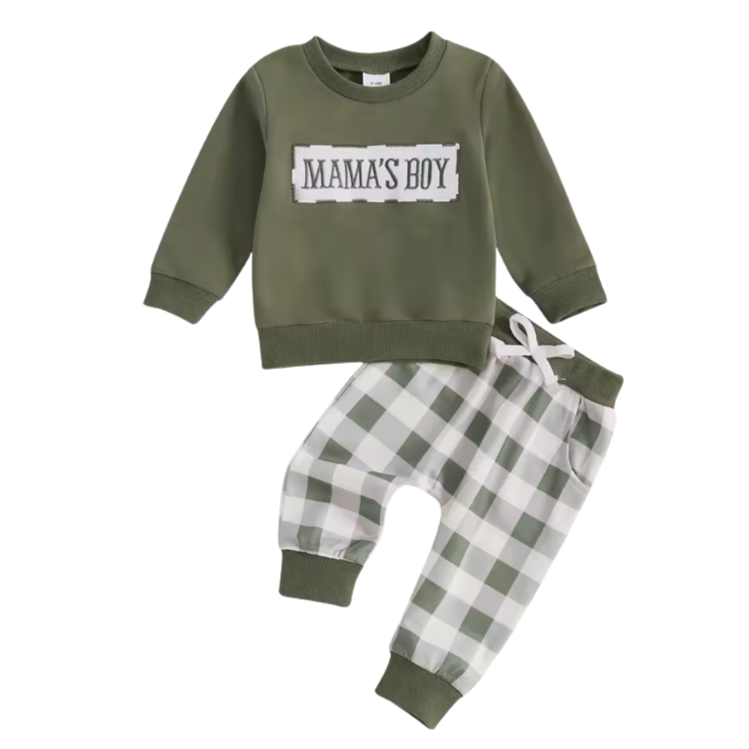 Embroidered Mama's Boy Plaid Green Lounge Set