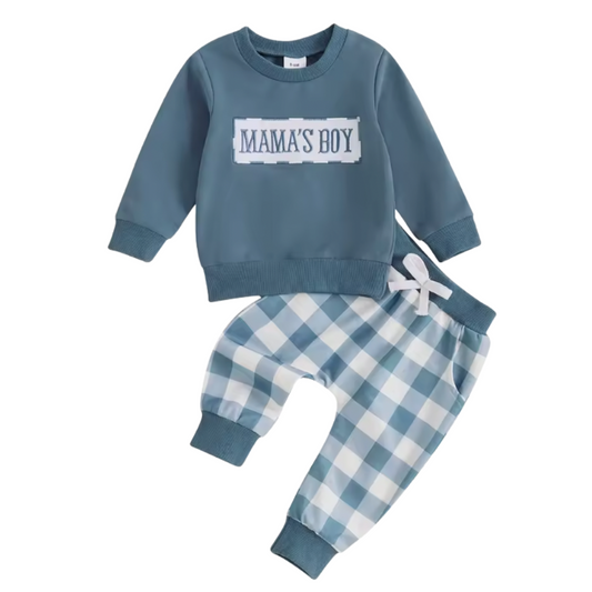 Embroidered Mama's Boy Plaid Blue Lounge Set