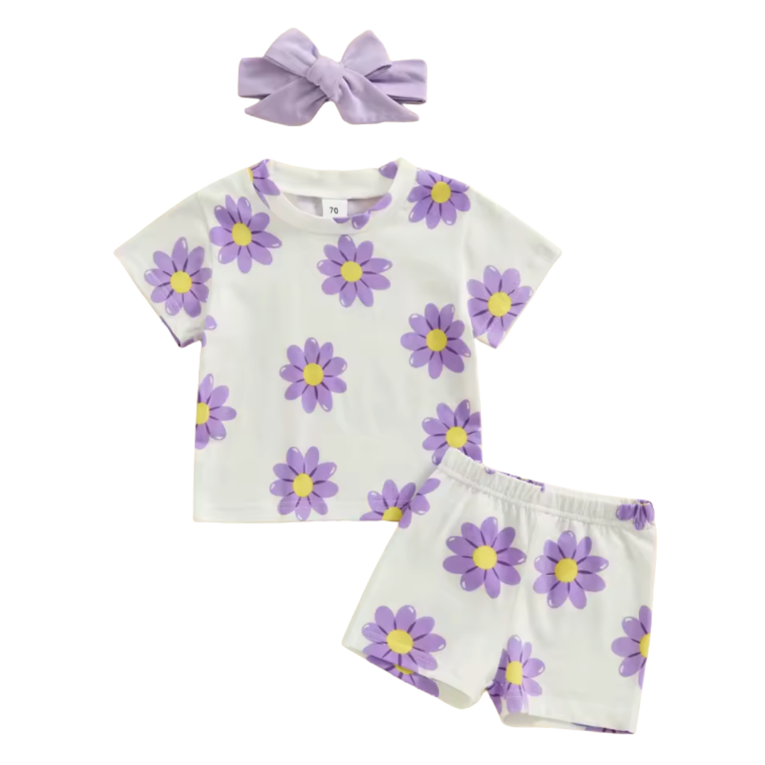 White Purple Daisy Short Set